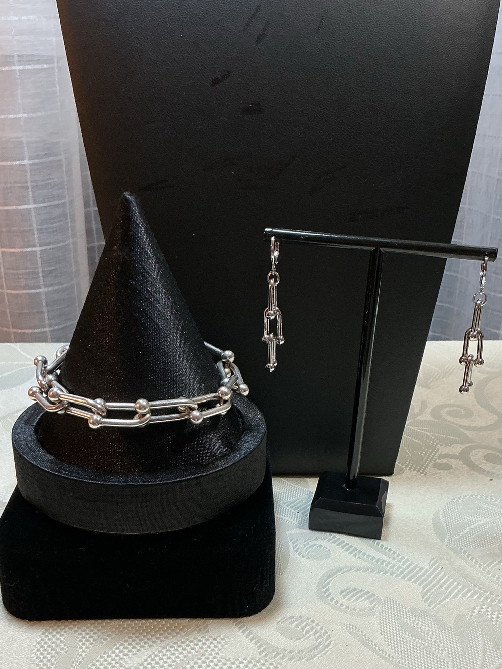 Deadens Italy Silver Tone Bronze Link Hardware Bracelet and Drop Earrings